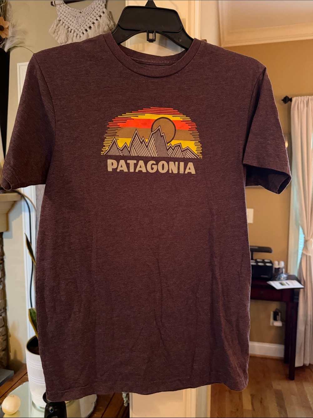 Patagonia Maroon Graphic Tee with Sunset Mountain Print